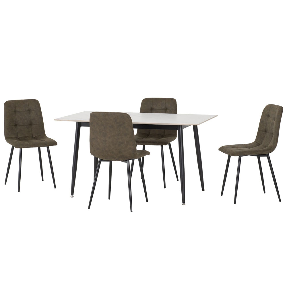 Fenvio White Marble Stone Effect Dining Table with 4 Olive Green Chairs