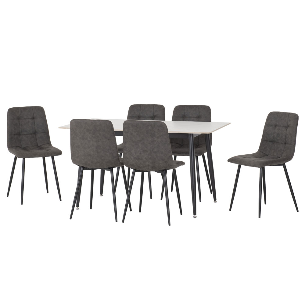 Fenvio White Marble Stone Effect Dining Table with 6 Dark Grey Chairs