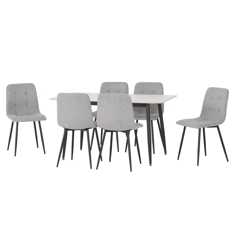 Fenvio White Marble Stone Effect Dining Table with 6 Light Grey Chairs