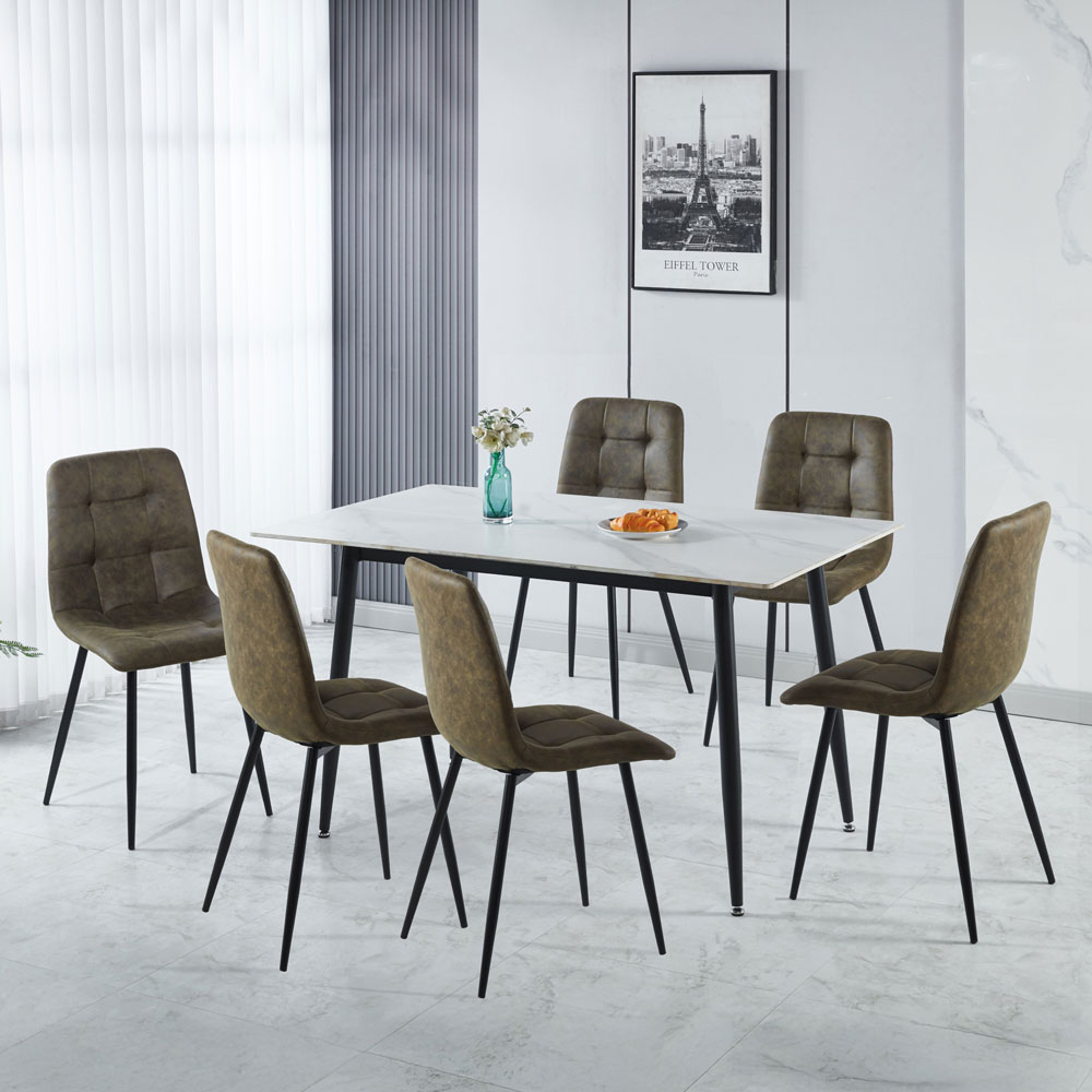 Fenvio White Marble Stone Effect Dining Table with 6 Olive Green Chairs