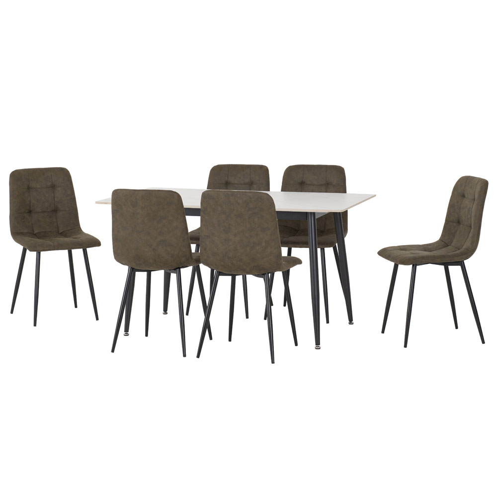 Fenvio White Marble Stone Effect Dining Table with 6 Olive Green Chairs
