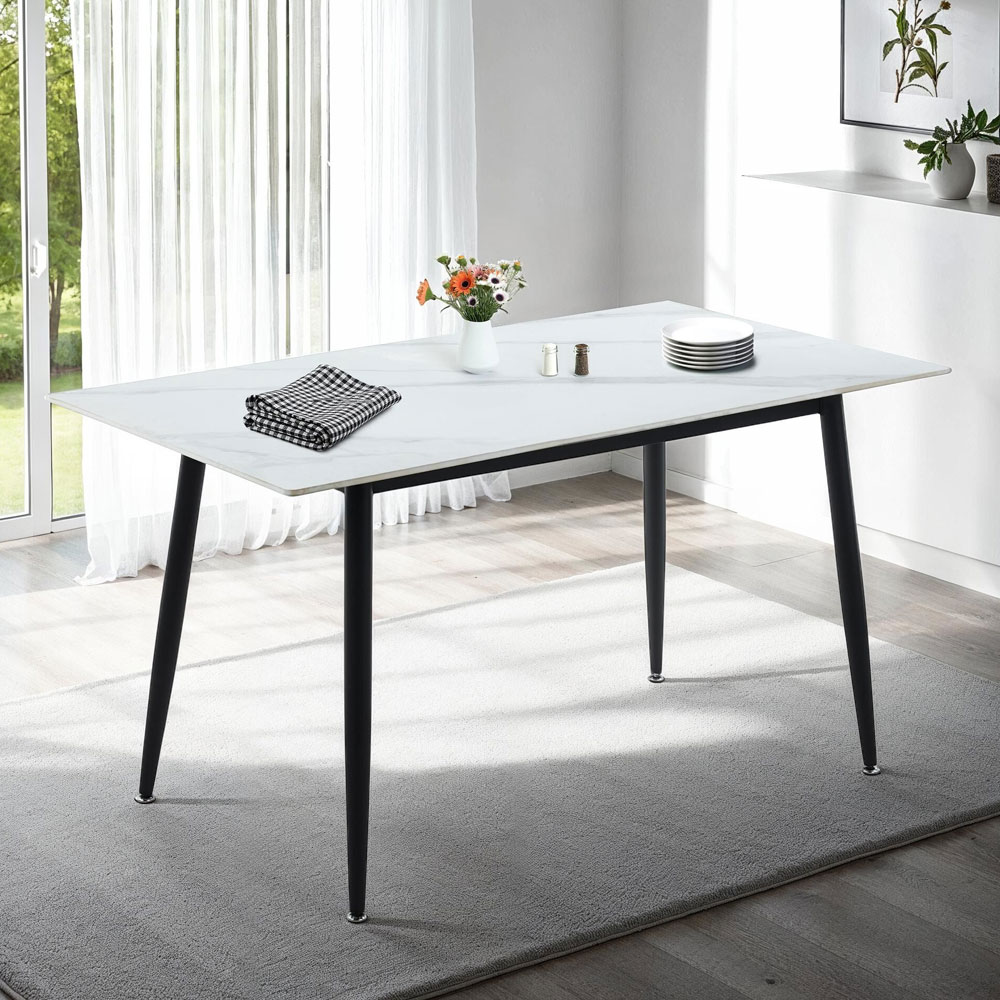 Fenvio White Marble Stone Effect Dining Table with 6 Dark Grey Chairs