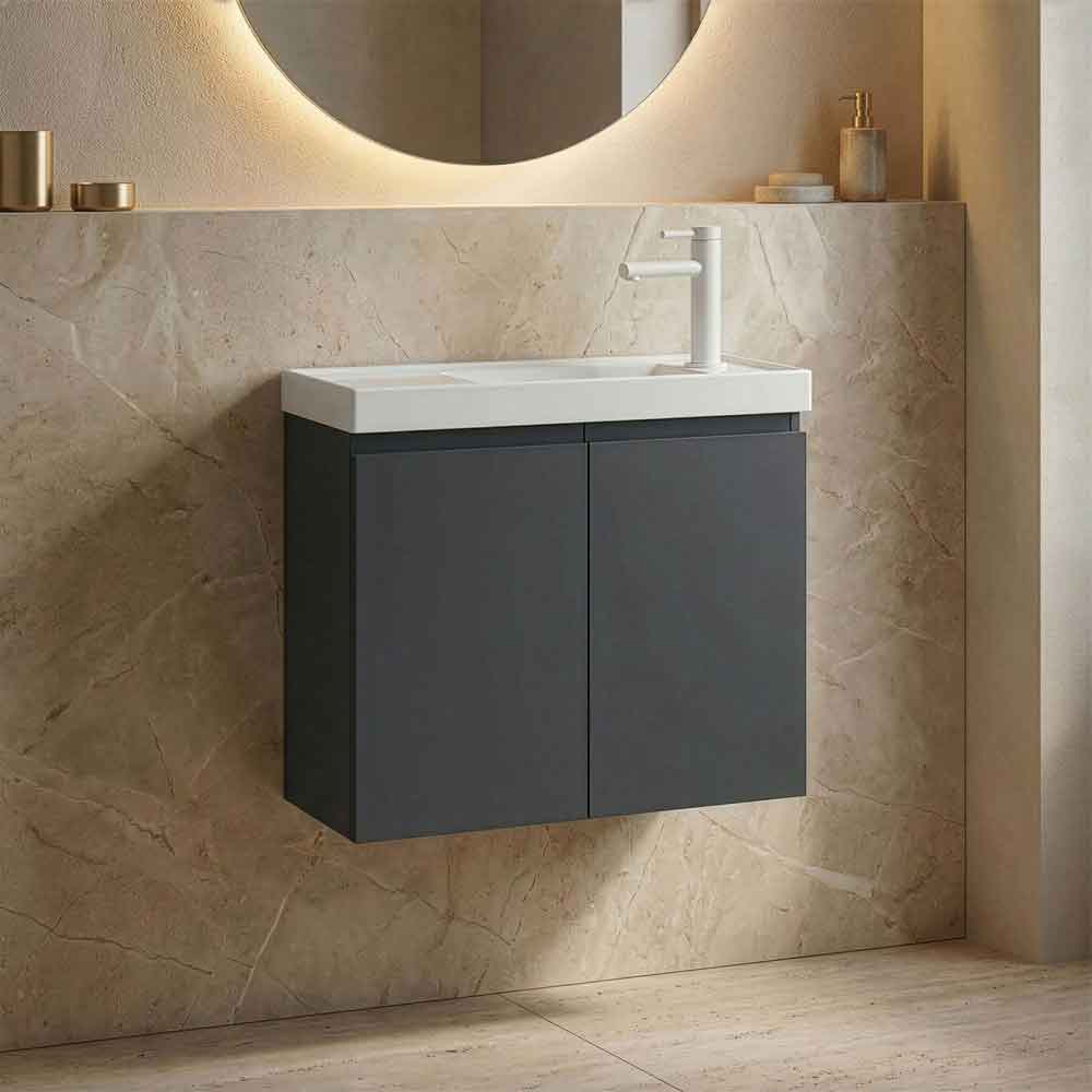 Ferla 600mm Wooden Wall Mounted Vanity Unit & Basin with 2 Doors in Matte Anthracite