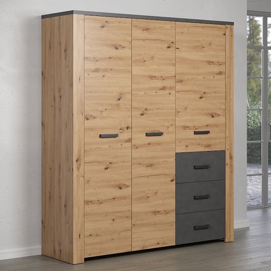Photo of Fero wooden wardrobe with 3 doors in artisan oak and matera