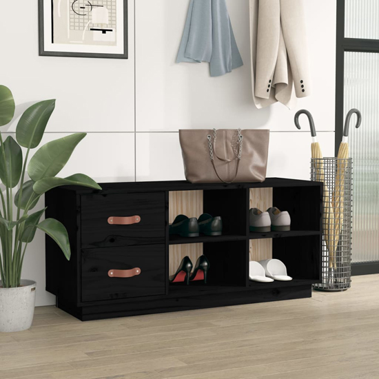 Ferrol Pinewood Shoe Storage Bench With 2 Drawers In Black