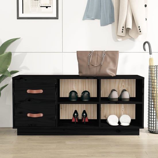 Product photograph of Ferrol Pinewood Shoe Storage Bench With 2 Drawers In Black from Furniture in Fashion