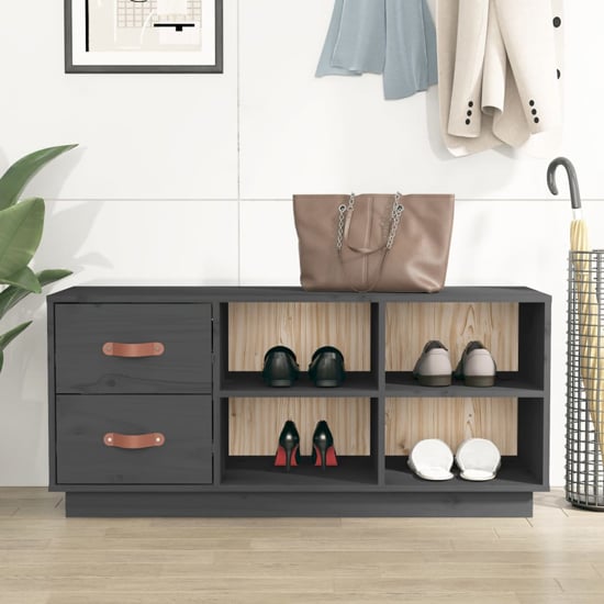 Ferrol Pinewood Shoe Storage Bench With 2 Drawers In Grey