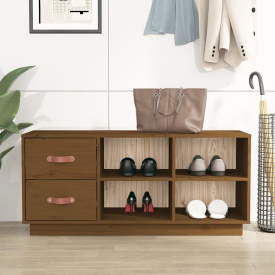 Read more about Ferrol pinewood shoe storage bench with 2 drawers in honey brown