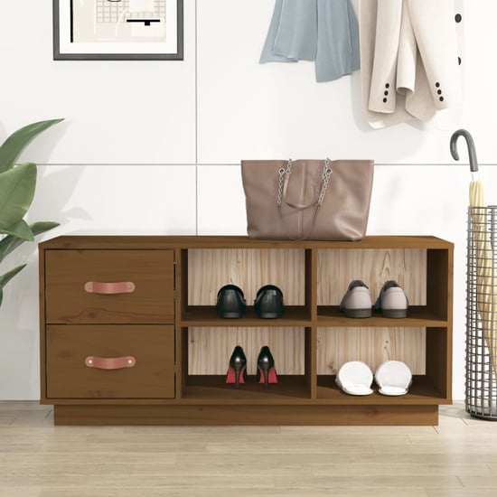 Read more about Ferrol pinewood shoe storage bench with 2 drawers in honey brown