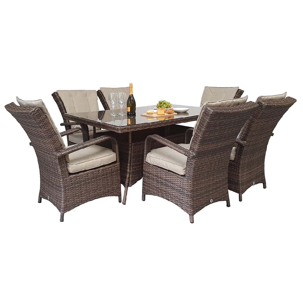 Fetsa Glass Top Garden Dining Set With 6 Chairs In Brown