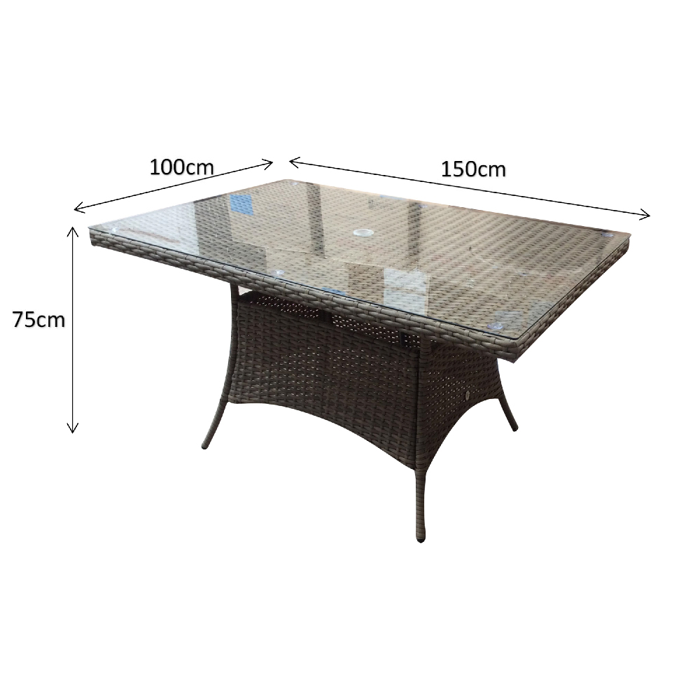 Fetsa Glass Top Garden Rectangular Dining Table In Grey