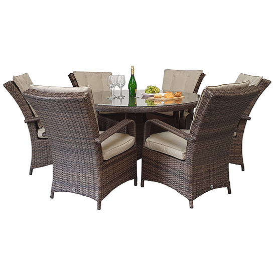 Read more about Fetsa round 135cm dining table with 6 armchairs in brown weave