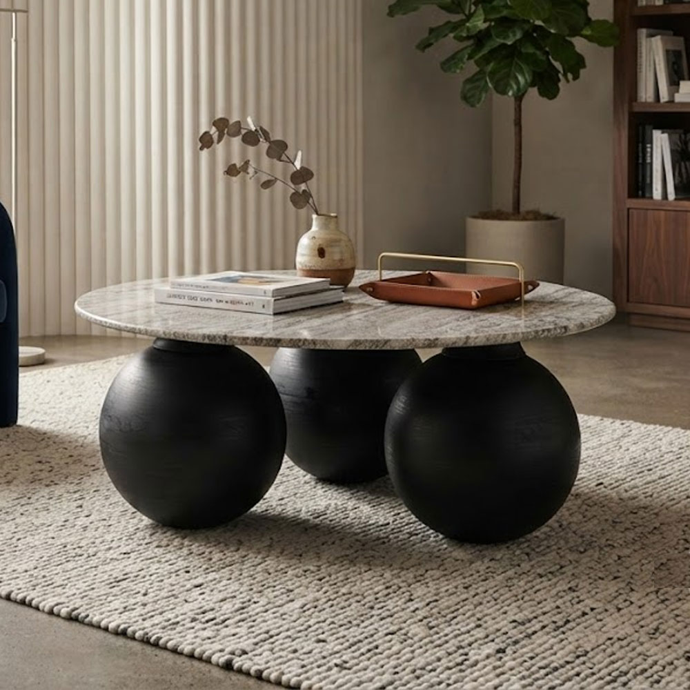 Fexira Grey Morchana Polished Marble Top Coffee Table with Black Sandblasted Base