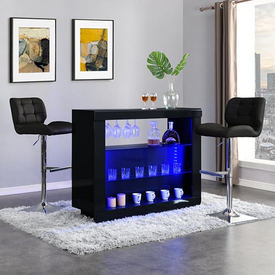 Photo of Fiesta black high gloss bar table with 2 candid black stools