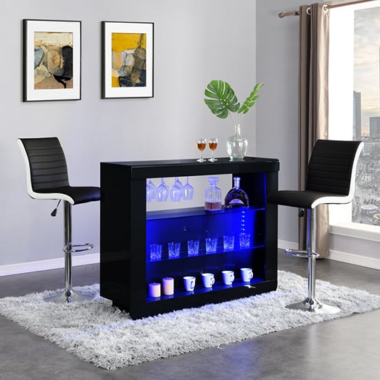 Read more about Fiesta black high gloss bar table with 2 ritz black white stools