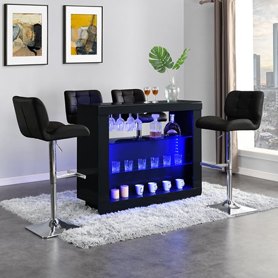 Photo of Fiesta black high gloss bar table with 4 candid black stools