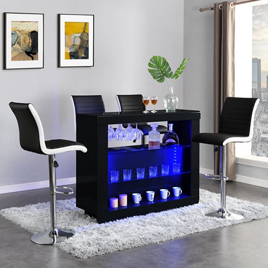 Product photograph of Fiesta Black High Gloss Bar Table 4 Ritz Black White Stools from Furniture in Fashion