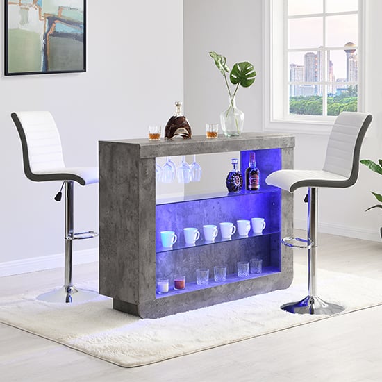 Fiesta Concrete Effect Bar Table With 2 Ritz White Grey Stools