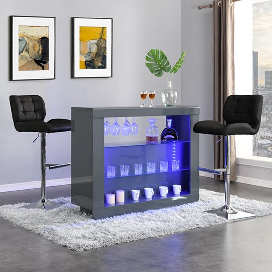 Fiesta Grey High Gloss Bar Table With 2 Candid Black Stools