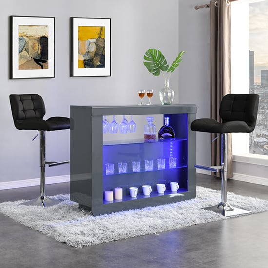 Photo of Fiesta grey high gloss bar table with 2 candid black stools