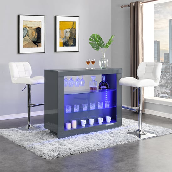 Photo of Fiesta grey high gloss bar table with 2 candid white stools