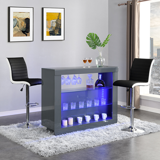 Read more about Fiesta grey high gloss bar table with 2 ritz black white stools