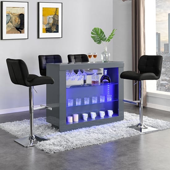 Fiesta Grey High Gloss Bar Table With 4 Candid Black Stools_1