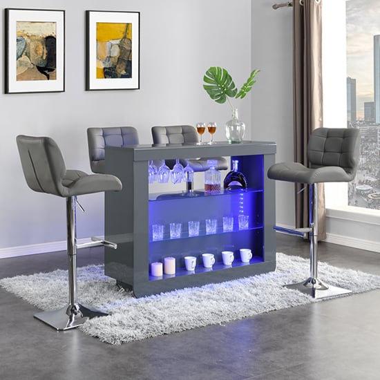 Fiesta Grey High Gloss Bar Table With 4 Candid Grey Stools_1