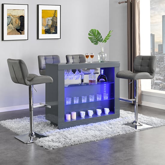 Photo of Fiesta grey high gloss bar table with 4 candid grey stools