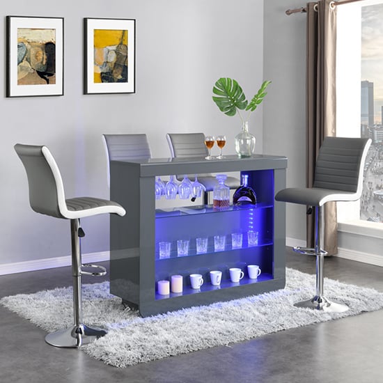 Photo of Fiesta grey high gloss bar table with 4 ritz grey white stools