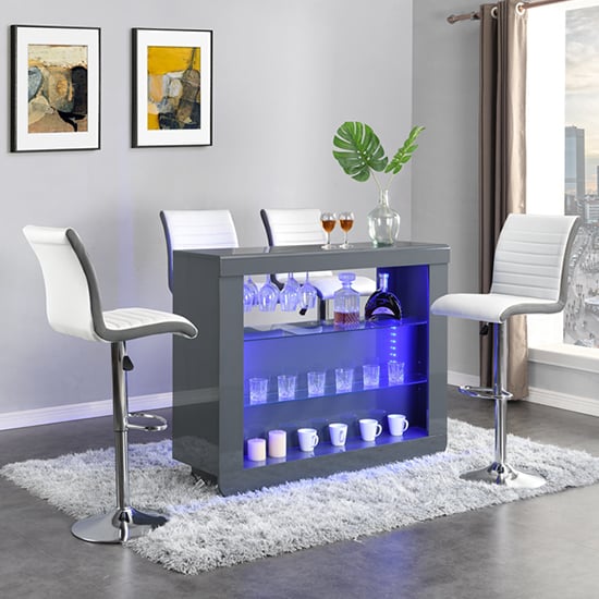 Fiesta Grey High Gloss Bar Table With 4 Ritz White Grey Stools_1