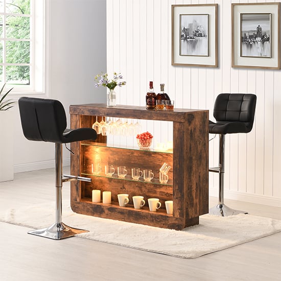 Product photograph of Fiesta Rustic Oak Bar Table Unit With 2 Candid Black Stools from Furniture in Fashion