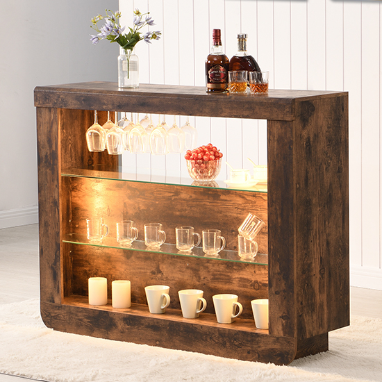 Fiesta Rustic Oak Bar Table Unit With 2 Ripple Grey Stools