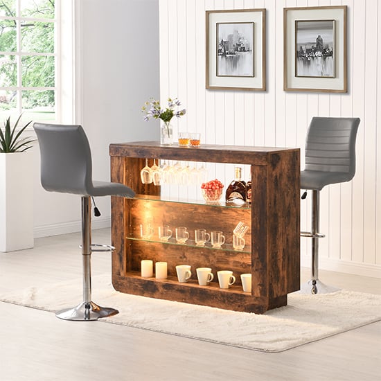 Photo of Fiesta smoked oak bar table unit with 2 ripple grey stools