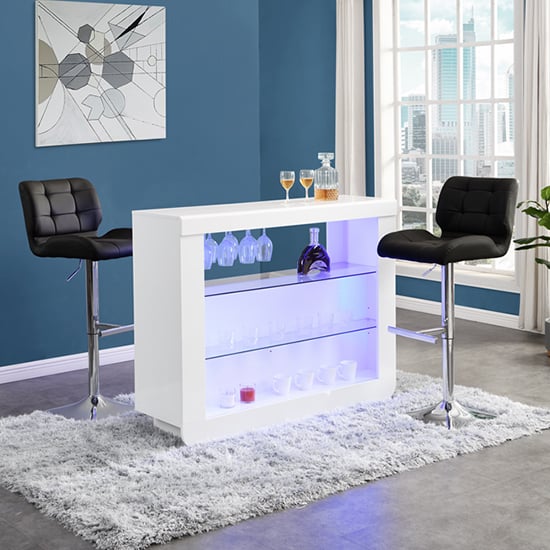 Read more about Fiesta white high gloss bar table with 2 candid black stools