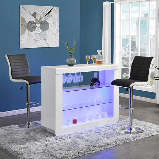 Product photograph of Fiesta White High Gloss Bar Table 2 Ritz Black White Stools from Furniture in Fashion