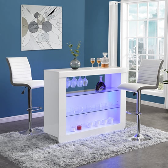 Photo of Fiesta white high gloss bar table with 2 ritz white grey stools