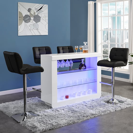 Read more about Fiesta white high gloss bar table with 4 candid black stools