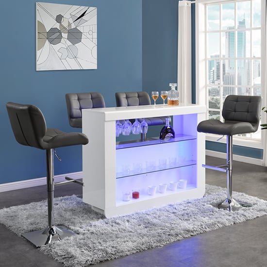 Fiesta White High Gloss Bar Table With 4 Candid Grey Stools_1