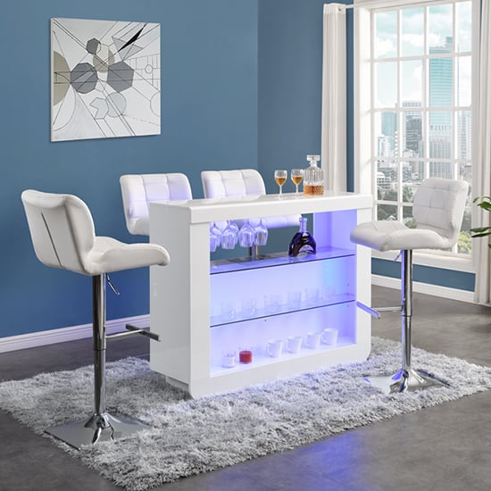 Photo of Fiesta white high gloss bar table with 4 candid white stools