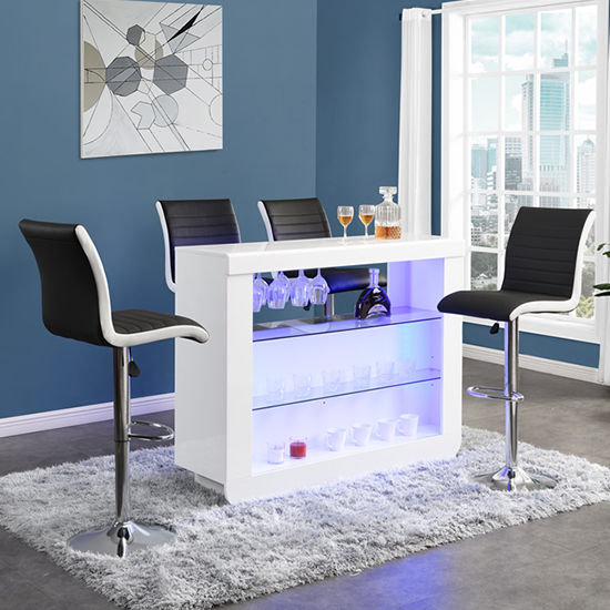 Read more about Fiesta white high gloss bar table with 4 ritz black white stools
