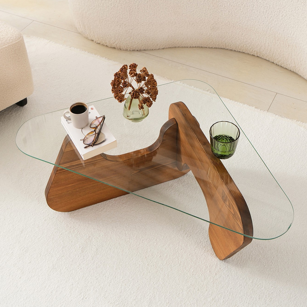 Fileno Tempered Glass Top Coffee Table with Chesnut Solid Wood Frame