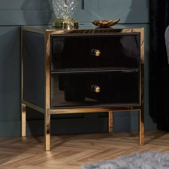 Product photograph of Finback Black Glass Bedside Cabinet With Gold Frame from Furniture in Fashion