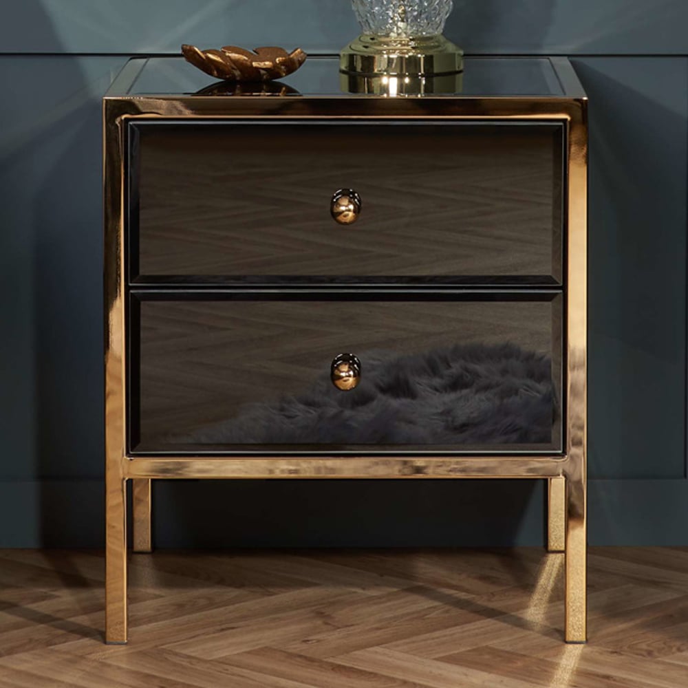 Finback Black Glass Bedside Cabinet With Gold Frame