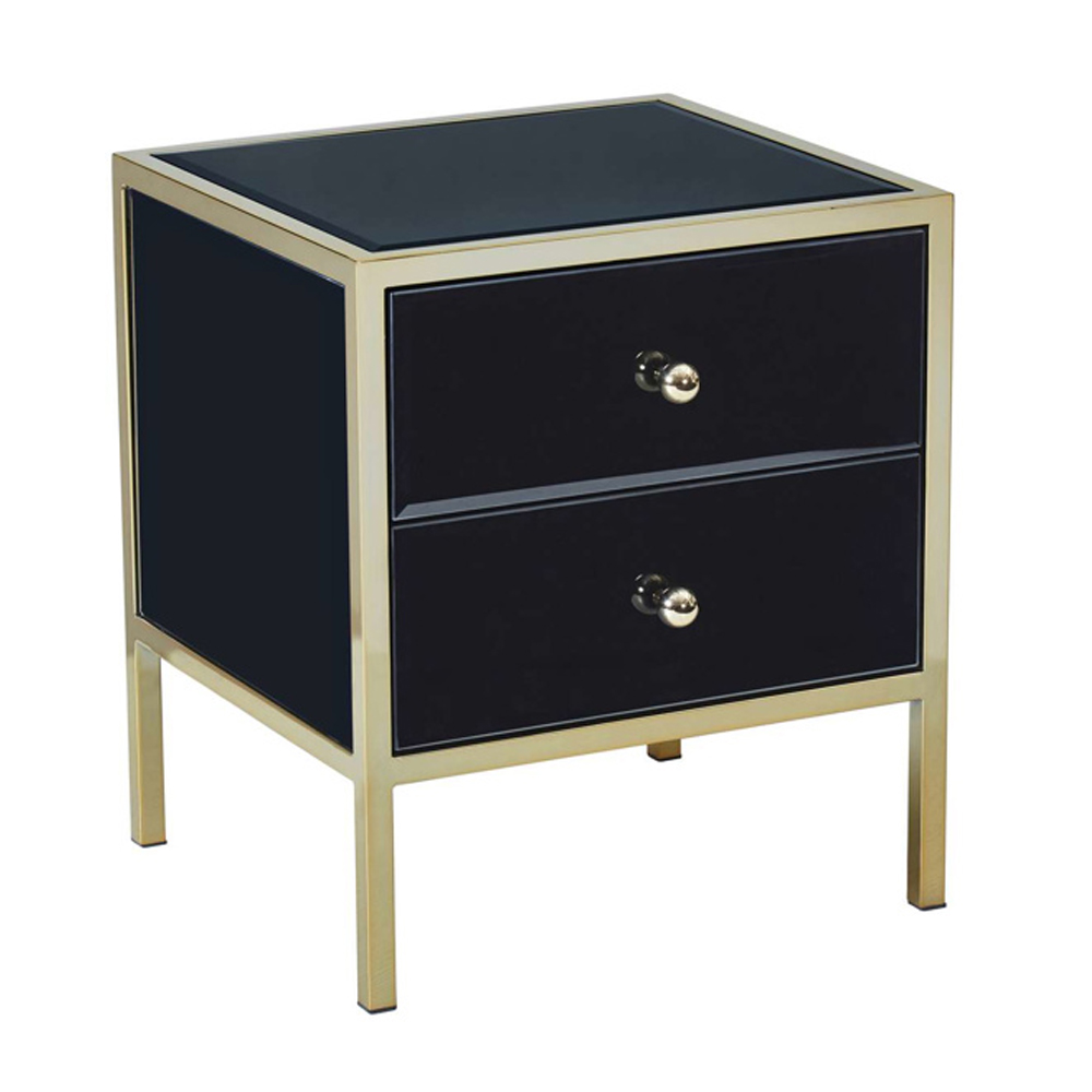 Finback Black Glass Bedside Cabinet With Gold Frame
