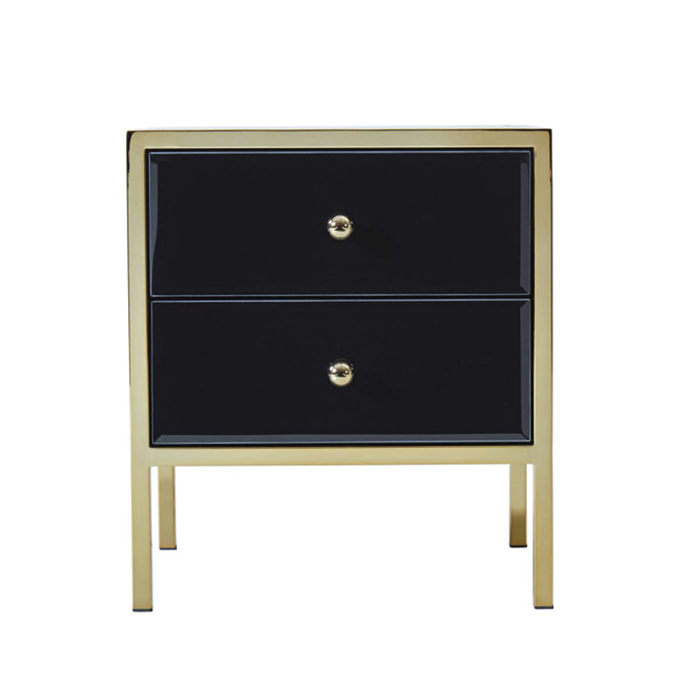 Finback Black Glass Bedside Cabinet With Gold Frame