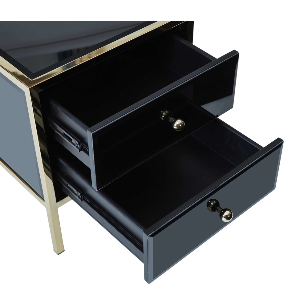 Finback Black Glass Bedside Cabinet With Gold Frame