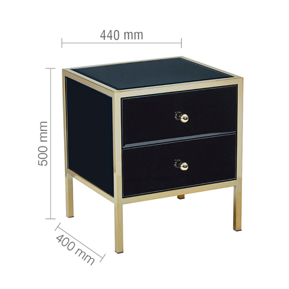Finback Black Glass Bedside Cabinet With Gold Frame