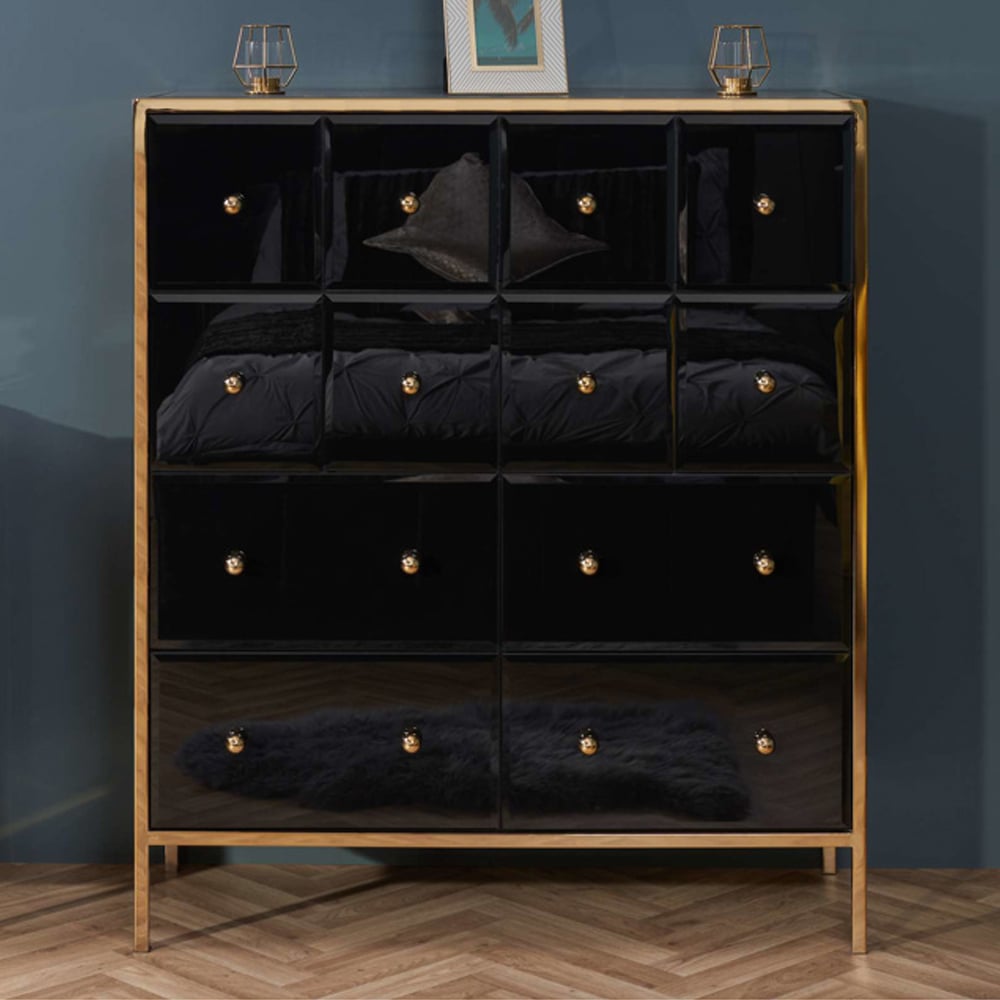 Finback Black Glass Chest Of 12 Drawers With Gold Frame
