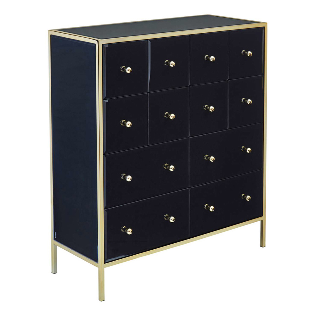 Finback Black Glass Chest Of 12 Drawers With Gold Frame
